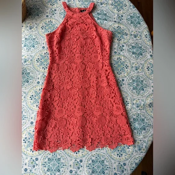 Lulus Love Poem Coral Orange / coral lace mini dress, medium - Picture 3 of 7